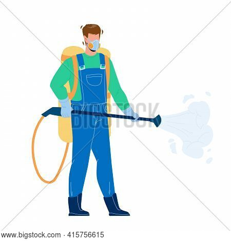 Pest Control Worker Spraying Pesticides Vector. Pest Control Service Working Man Spray Chemical Toxi