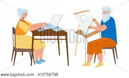 Man And Woman Senior Working Togetherness Vector. Grandmother Working At Laptop And Grandfather Engi