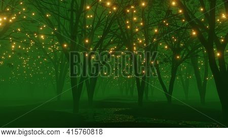 Fantasy Dark Green Color Foggy Forest Landscape Scene With Mystic Firefly Lights.