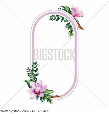 Magnolia Flower Oval Frame. Tender Pink Magnolia Flowers And Lush Buxus Leaves. Watercolor Illustrat