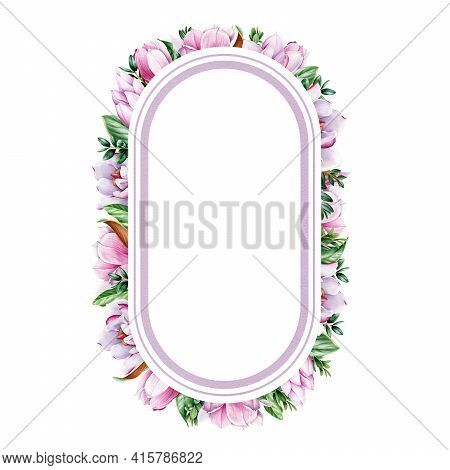 Oval Frame Magnolia Flower. Tender Pink Magnolia Flowers And Lush Leaves. Watercolor Illustration. O