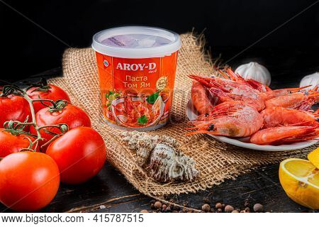 Russia, Kazan, 06 April 2021: Plastic Jar Of Tom Yam Paste Brand Name Aroy-d.