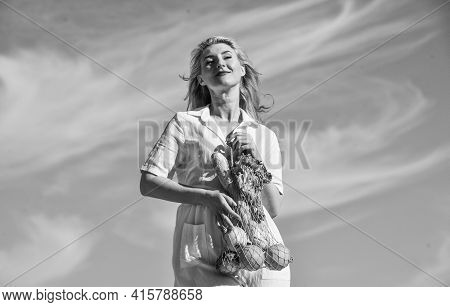 Healthy Food. Bag With Groceries. Reusable Eco Bag For Shopping. Woman Holding String Shopping Bag W