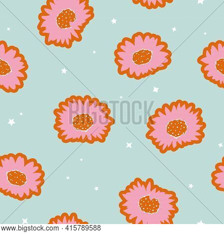Vector Colorful Sunflowers With Stars And Shine Seamless Pattern Background. Perfect For Fabric, Scr
