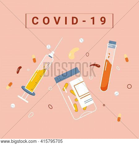 Coronavirus Vaccine Vector Background. Covid-19 Corona Virus Vaccination With Vaccine Bottle And Syr