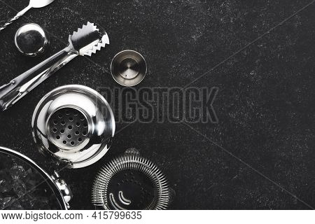 Steel Bar Tools And Accessories For Making Cocktail. Shaker, Jigger, Strainer, Spoon, Tongs, Muddler