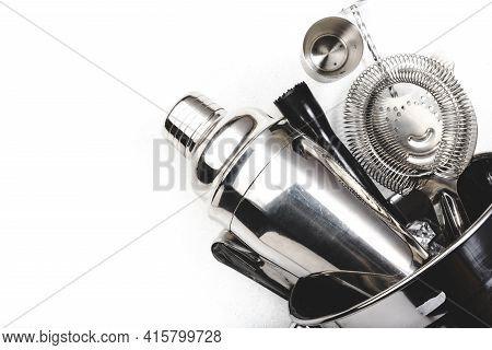 Steel Bar Tools And Accessories For Making Cocktail. Shaker, Jigger, Strainer, Spoon, Tongs, Muddler