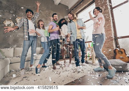 Full Length Photo Of Funky Joyful Group Of People Diversity Party Dance Fly Confetti Indoors Inside 