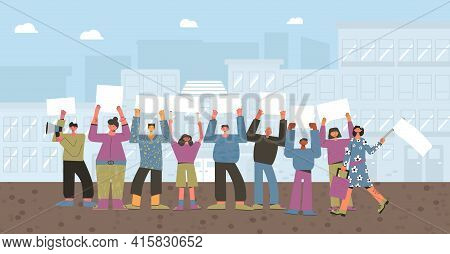 Protest. Growd Of People Holding Placards. Persons Standing Together At The Street With Blank Banner