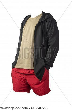 Black Sweatshirt With Iron Zipper Hoodie,biige T-shirt And Red Sports Shorts Isolated On White Backg