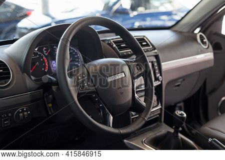 Russia, Izhevsk - February 17, 2021: Haval Showroom. Interior Of New Modern Haval H5 Car In Dealer S
