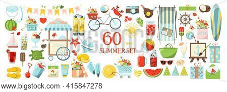 A Big Vector Summer Set. Accessories For Beach Holidays By The Sea. Flat Design Illustration For Ads