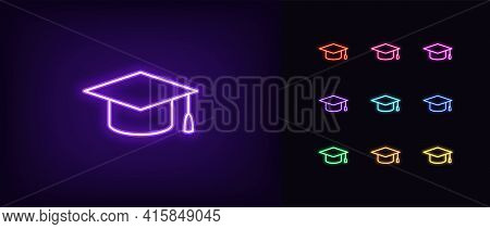 Neon Academic Hat Icon. Glowing Neon Education Sign, Outline Mortarboard Pictogram In Vivid Colors. 