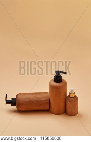 Set Of Wooden Containers Of Different Sizes Isolated On Beige Background. Zero Waste And Eco Conscio