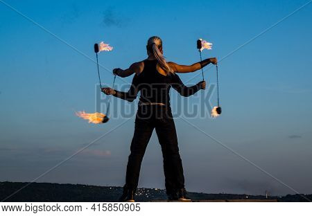 Sensual Couple Of Dancers Perform Fire Performance With Burning Poi Blue Sky Outdoors, Hot