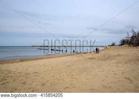 Gdansk, Poland - March 13, 2021: Sandy Beach In Gorki Zachodnie On The Baltic Sea. Gdansk, Poland