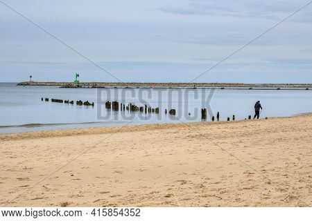 Gdansk, Poland - March 13, 2021: Sandy Beach In Gorki Zachodnie On The Baltic Sea. Gdansk, Poland