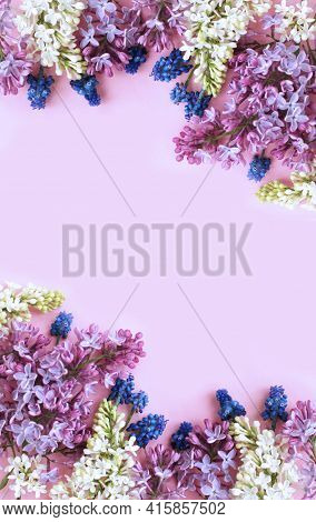 Syrínga Vulgáris Flowers On A Light Pink Background. Spring Flower Arrangement. Background For A Gre