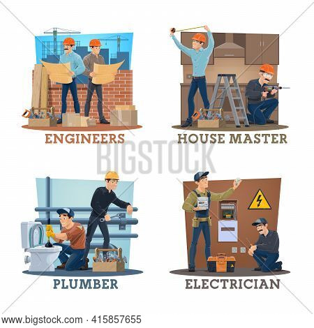 Construction Engineer, Electrician, Plumber Vector Workers. Building Architects With Blueprint Const