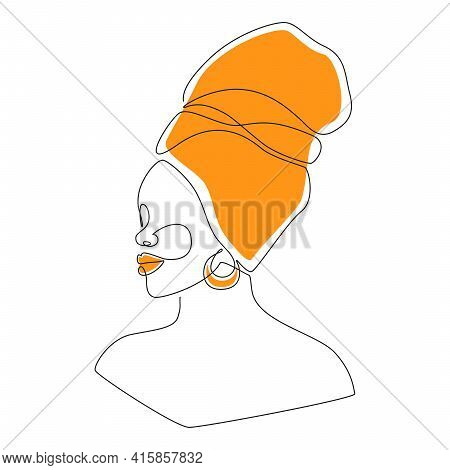 African Woman Face In One Line Drawing. Portrait Of Beautiful Woman In Headwrap. Abstract Modern Vec