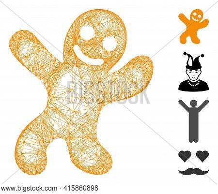 Vector Wire Frame Happy Cookie Man. Geometric Wire Carcass 2d Network Generated With Happy Cookie Ma