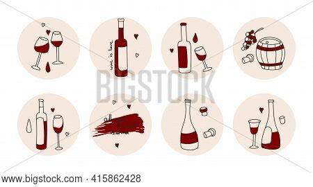 Highlights Covers, Posts And Stories For Social Media. Round Icons Of Red Wine Bottle, Glasses, Wine