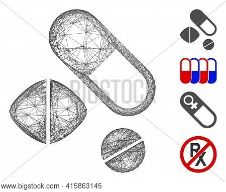 Vector Wire Frame Medication Pills. Geometric Hatched Frame Flat Network Generated With Medication P