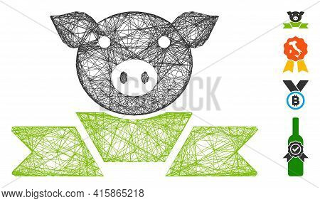 Vector Wire Frame Pork Award Ribbon. Geometric Wire Frame 2d Net Based On Pork Award Ribbon Icon, De