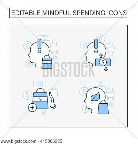 Mindful Spendings Line Icons Set. Not Impulsive Shopping, Green Thinking, Conscious Consumption. Sho