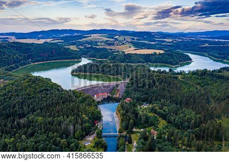 Aerial View Of The Lake Dam. Pilchowice Village On Lower Silesia.