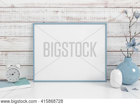 Single 8x10 Horizontal Blue Frame Mockup On White Floor And White Wooden Wall. One Empty Poster Fram