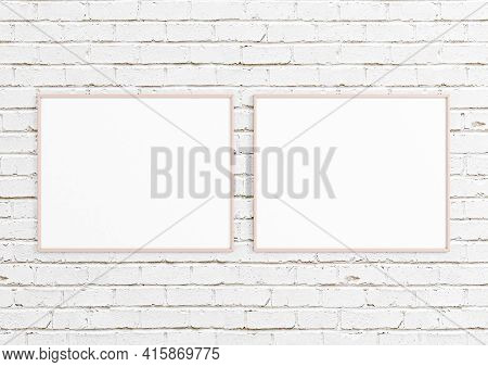 Double 8x10 Horizontal Pink Frame Mockup On White Bricks Wall. Two Empty Poster Frame Mockup On Whit