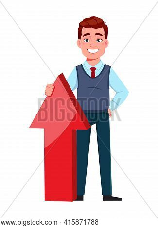 Handsome Business Man Standing Near Red Arrow. Young Businessman Cartoon Character In Flat Style. St