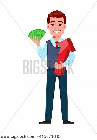 Handsome Business Man Making Money. Young Businessman Cartoon Character In Flat Style. Stock Vector 