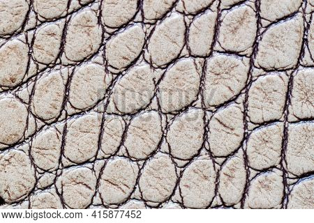 Texture Of Genuine Leather Close-up, Gray Beyge Color, Embossed Under Skin Of Reptile, Croco. Fashio