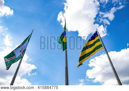 Flags Of The City Of Goiania, State Of Goias And The Federative Republic Of Brazil