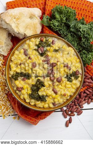 Cachupa Cape Verde Traditional Food With Vegetables And Beans Macro In A Bowl.