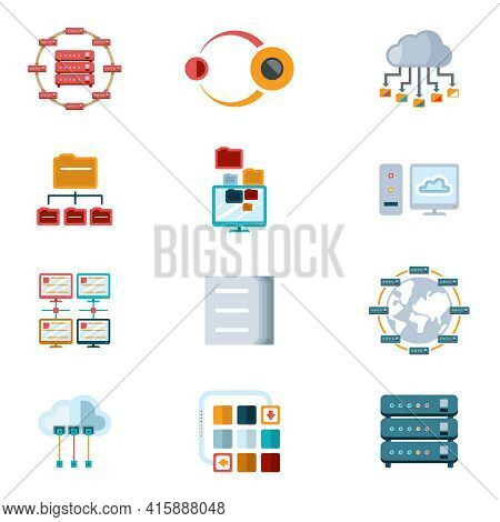 Vector Assorted Colored Computer Networking Icons With Files  Servers And Computer Devices Isolated 