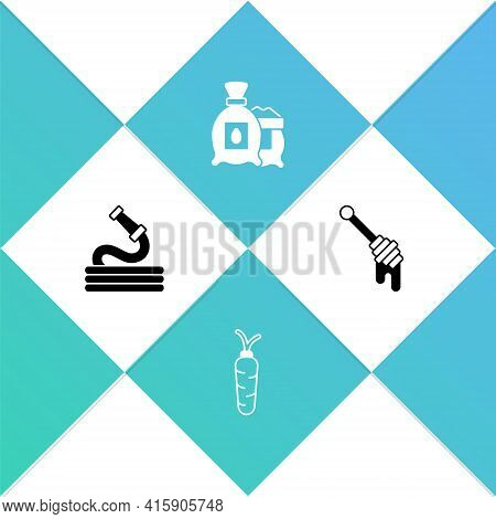 Set Garden Hose, Carrot, Pack Full Of Seeds Of Plant And Honey Dipper Stick Icon. Vector