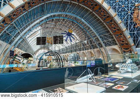 Moscow, Russia - November 28, 2018: Space museum. Inside The Cosmonautics and Aviation Centre in the Cosmos pavilion of VDNH. Aircraft exhibition. Rocket science.