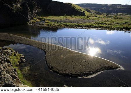 Hjalparfoss / Iceland - August 26, 2017: The Hjalparfoss River And Waterfall, Iceland, Europe