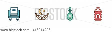 Set Holy Book Of Koran, Star And Crescent, Lute And Bottle Water Icon. Vector