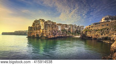 Polignano A Mare Village On The Rocks At Sunrise, Bari, Apulia, Southern Italy. Europe.