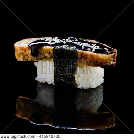 Tamago Egg Omelette Nigiri Sushi On Black Background Japanese Food Style