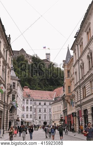 Slovenia, City Of Ljubljana, July 15, 2019. Architecture. Historic Streets During The Day. Travel Ph