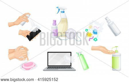 Bacterial Purification And Disinfection With Detergent And Disinfectant In Dispenser Bottle And Hand
