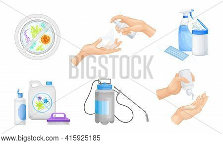 Bacterial Purification And Disinfection With Detergent And Disinfectant In Dispenser Bottle And Hand