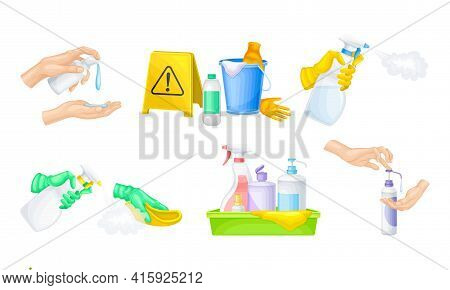 Bacterial Purification And Disinfection With Detergent And Disinfectant In Dispenser Bottle And Hand