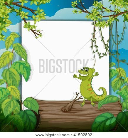 Illustration ein tanzen-Chamäleon und eine weiße Tafel inmitten einer wunderschönen Natur