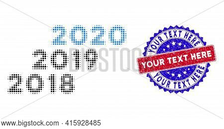 Pixelated Halftone 2018 - 2020 Years Icon, And Your Text Here Unclean Stamp Seal. Your Text Here Sta